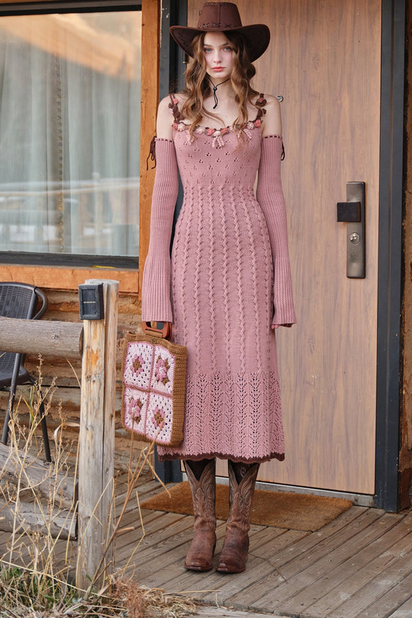 Wool Knit Floral Cardigan Dress Set-Up