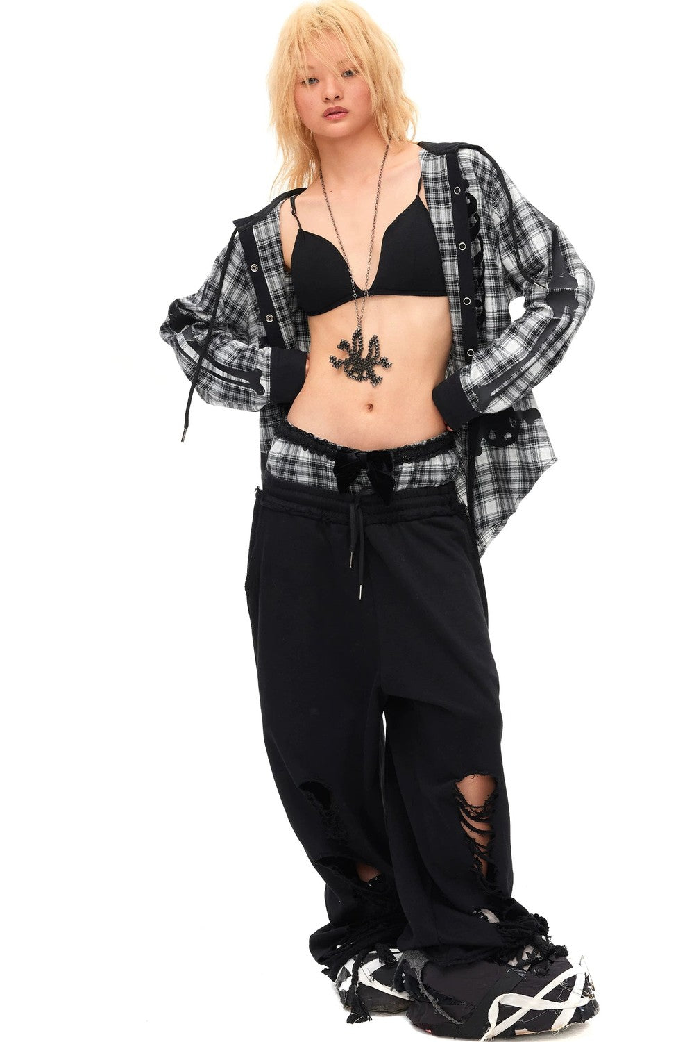 Velvet Bow Ripped Sweatpants