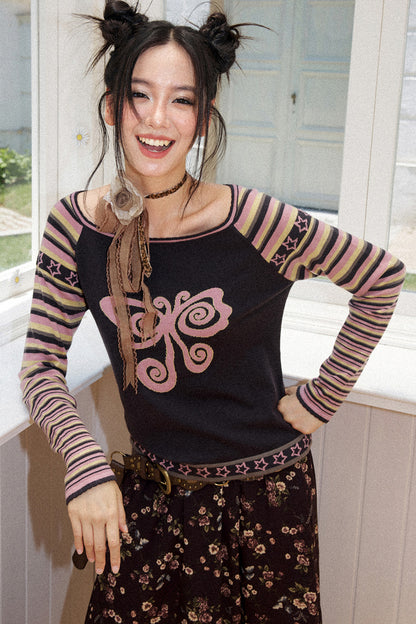 Butterfly Jacquard Striped Sweater