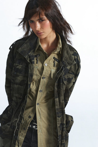 Multi-Pocket Buttoned Frayed Long-Sleeve Shirt