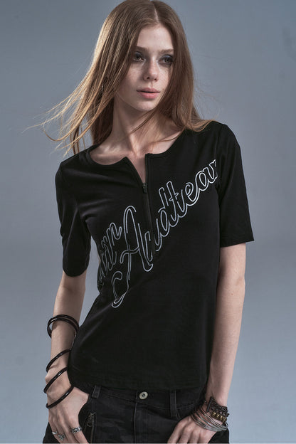 Half-Zip Silver Letter Print T-Shirt