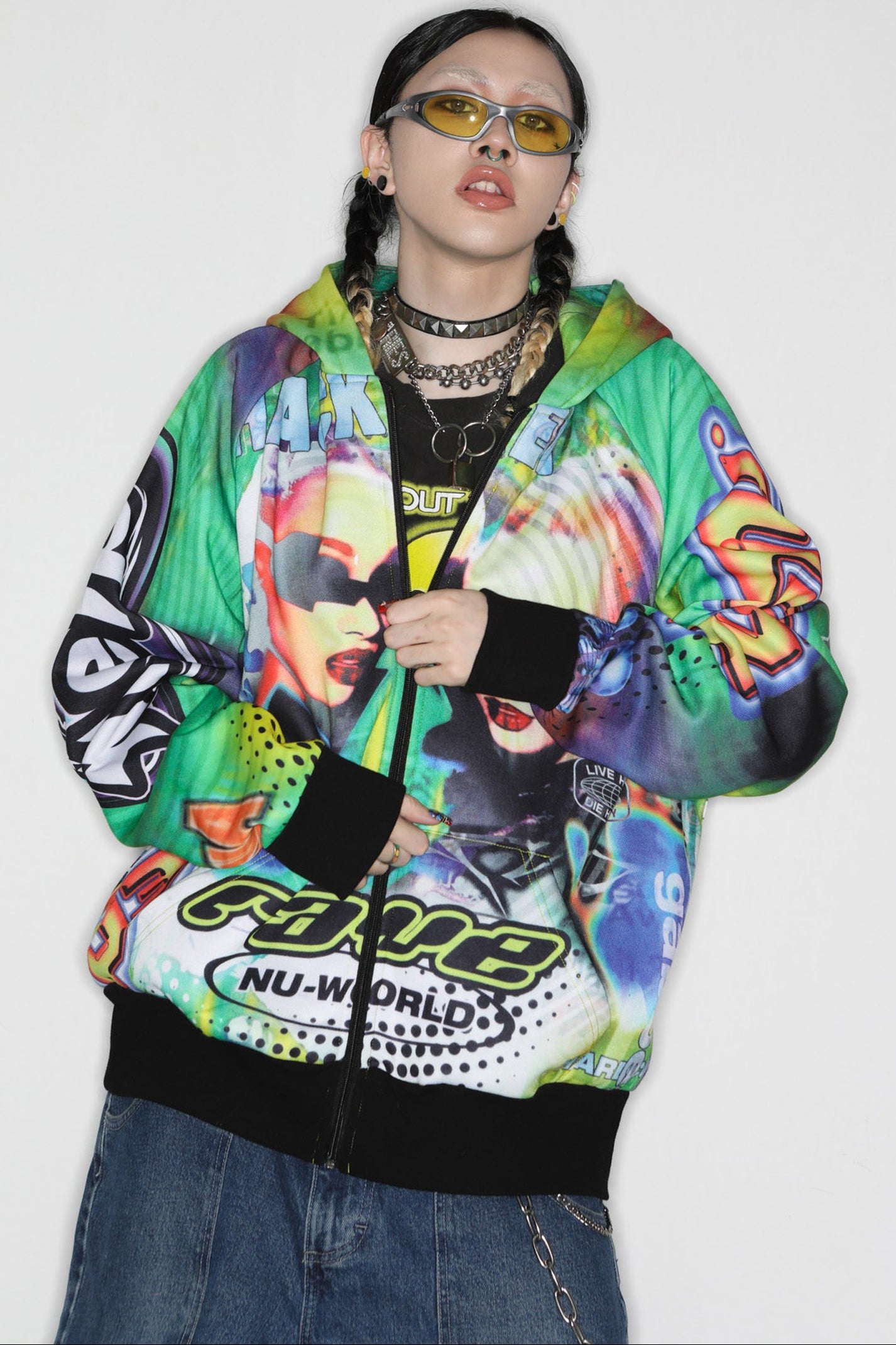 Y2K Alien Rave Print Hooded Jacket