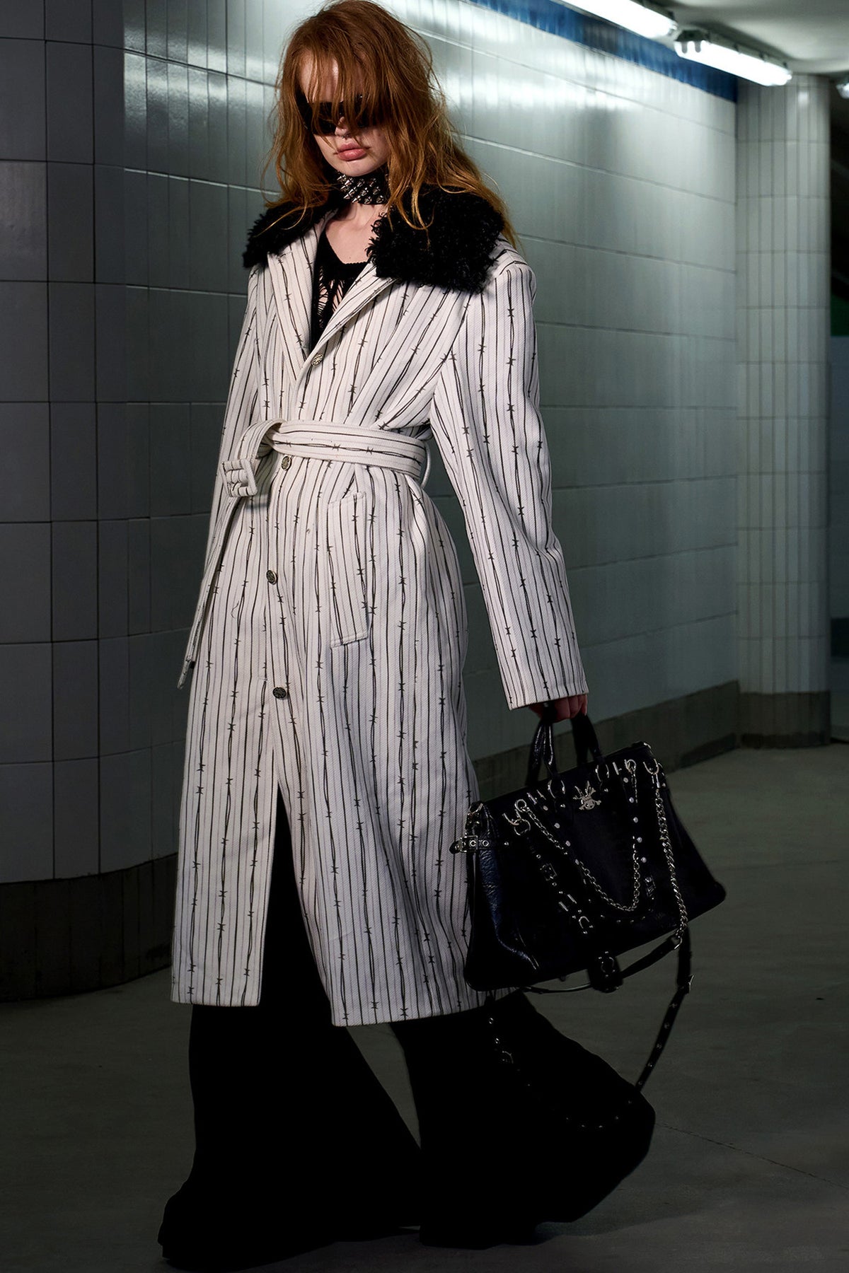 Patchwork Stripe Fur Collar Coat