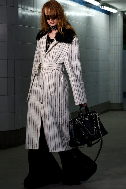 Patchwork Stripe Fur Collar Coat