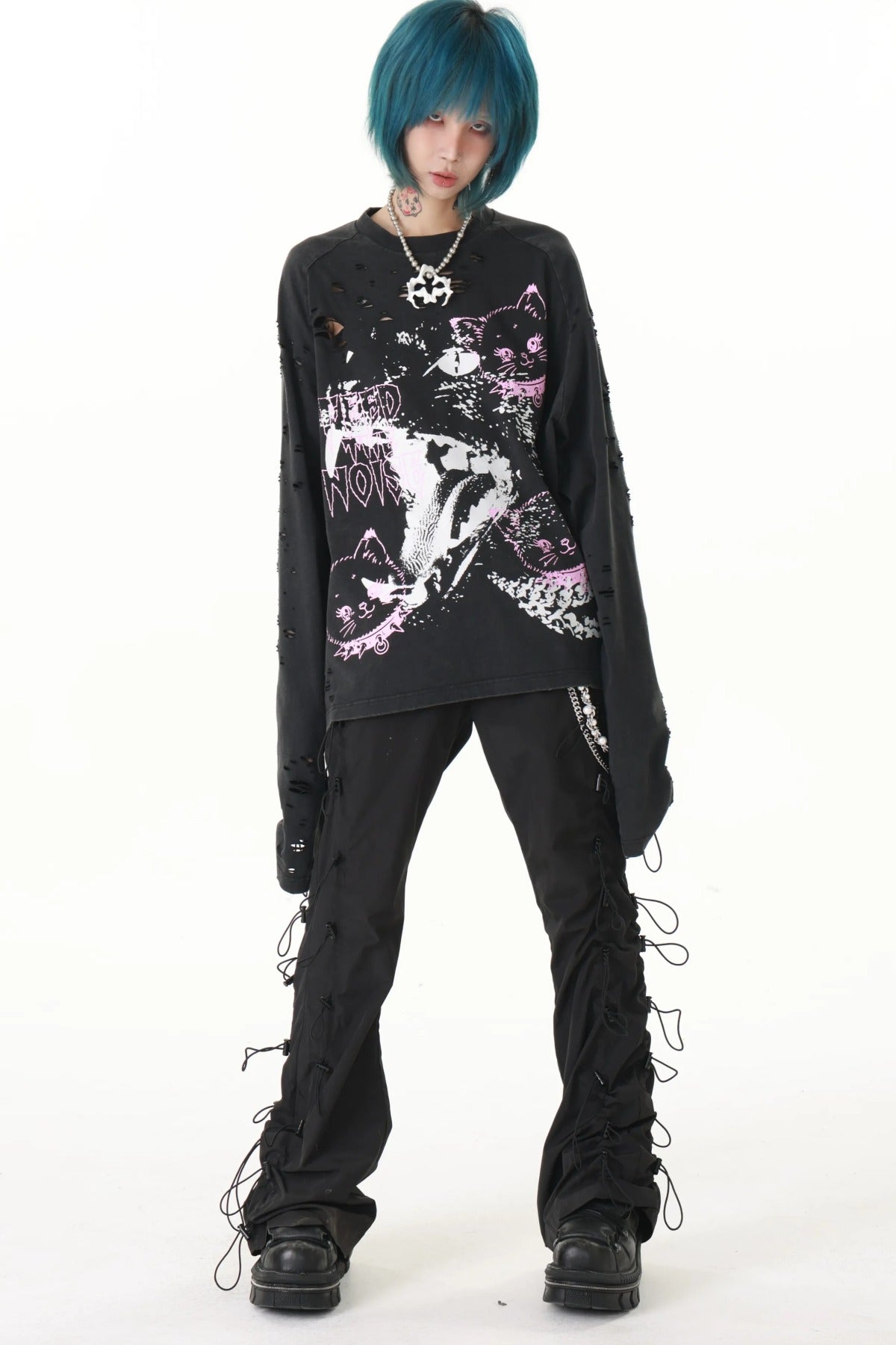 Pink Cat Washed Ripped Cuffs Long-Sleeve T-Shirt