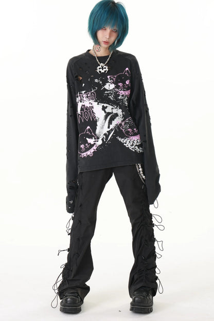 Pink Cat Washed Ripped Cuffs Long-Sleeve T-Shirt