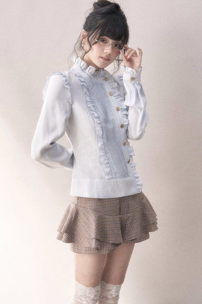 Pleated Lace Ruffle Asymmetrical Long-Sleeved Shirt