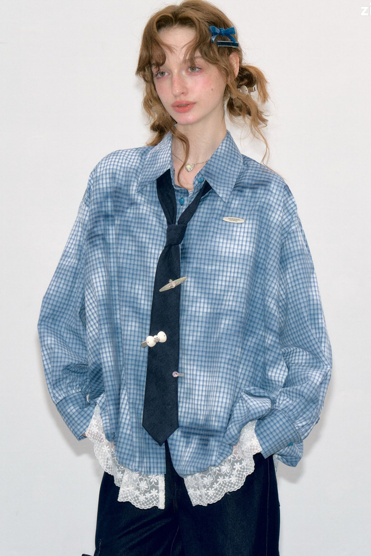Blue Plaid Lace Blouse