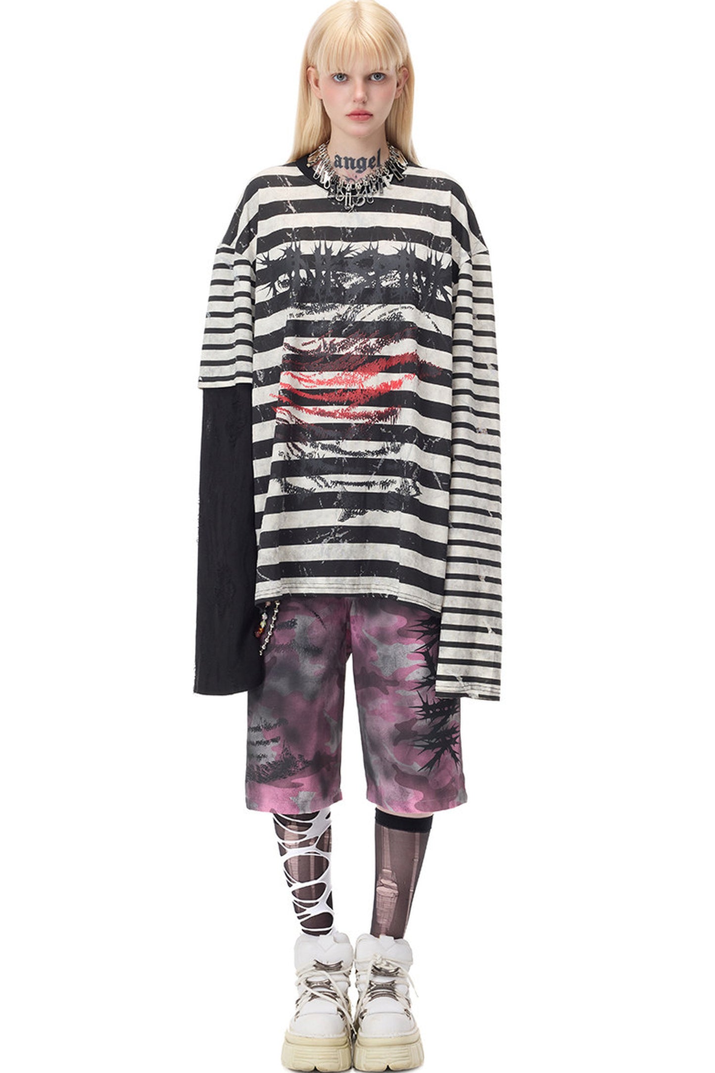Punk Burnt Floral Cut-Out Striped Raglan Blouse