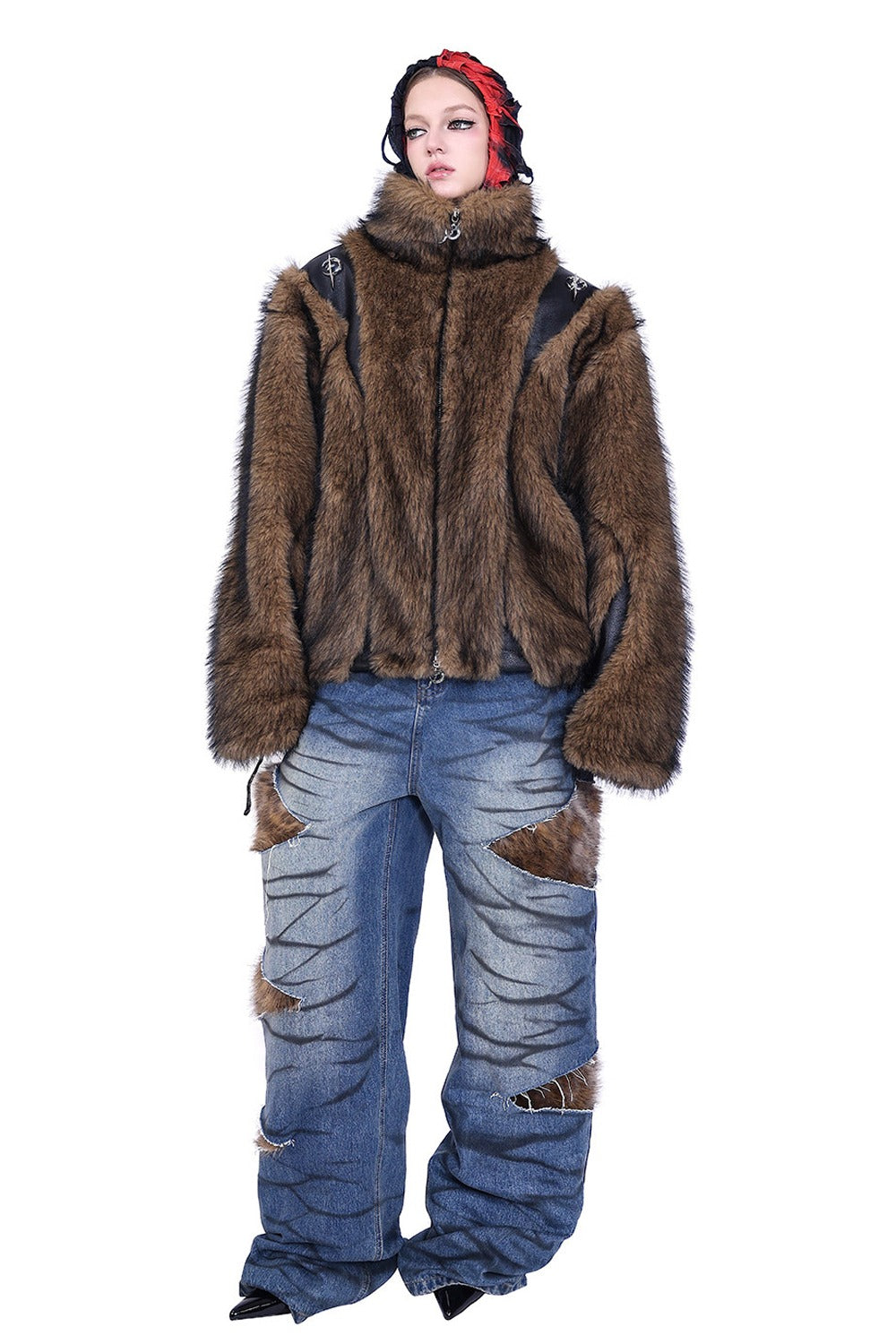 Leopard Fur Patched Loose Denim Jeans