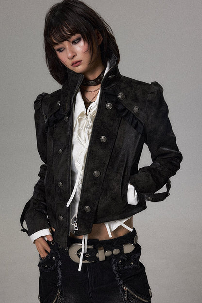 Double-Breasted Puff Sleeve Suede Jacket