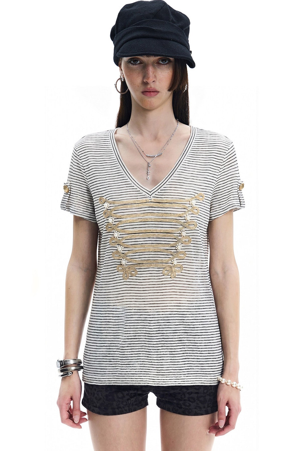 Pearl Beaded Knot Striped T-Shirt