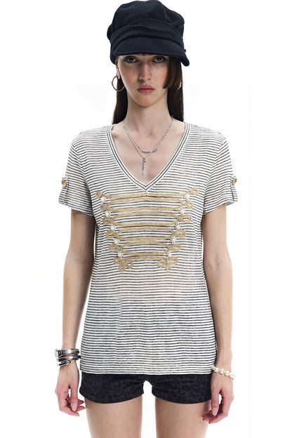 Pearl Beaded Knot Striped T-Shirt