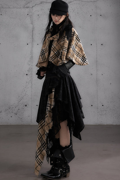 Reversible Wool Blend Plaid Cape