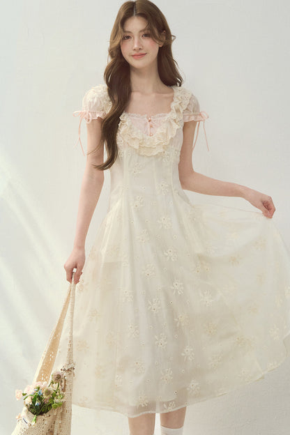 Rose Embroidered Square Neck Long Dress