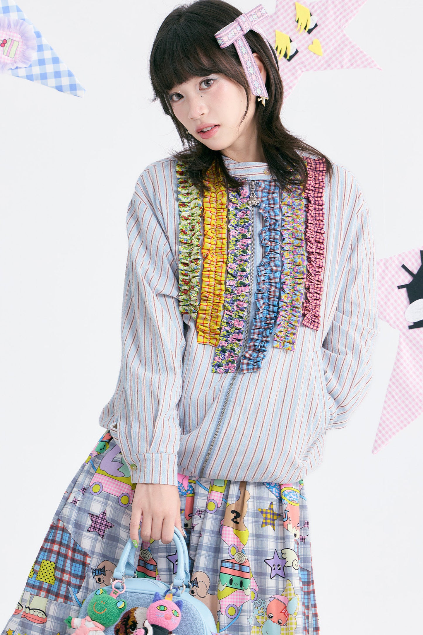 Blue White Striped Lace Trim Stand Collar Sweatshirt