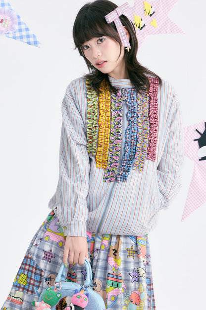 Blue White Striped Lace Trim Stand Collar Sweatshirt
