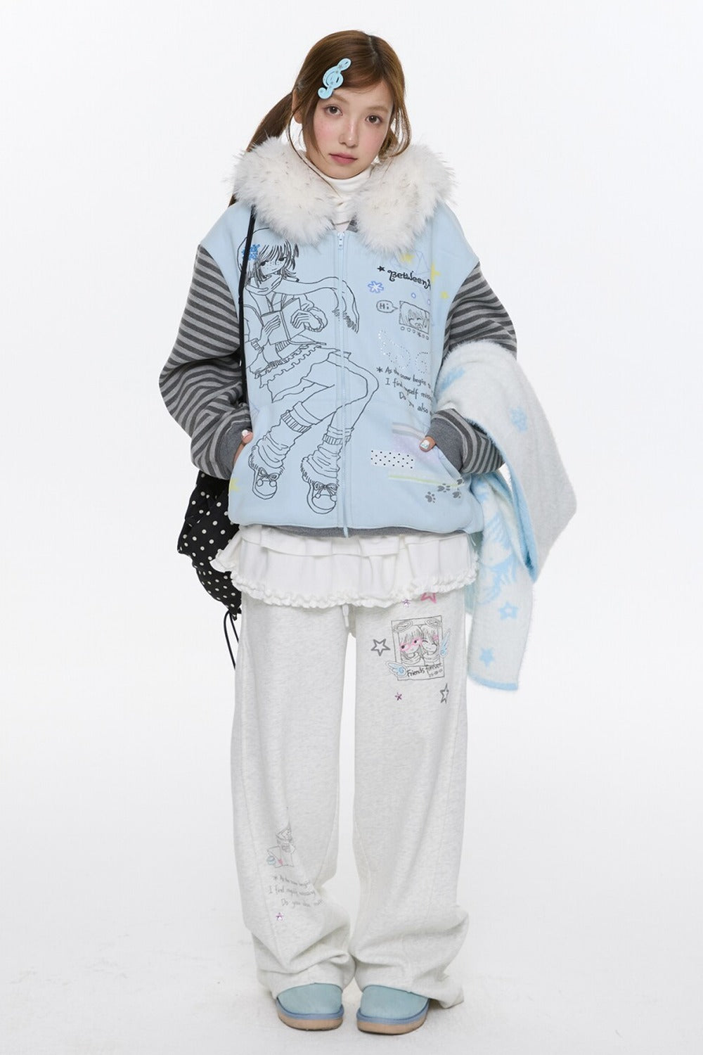 Striped Raglan Fur Collar Jacket