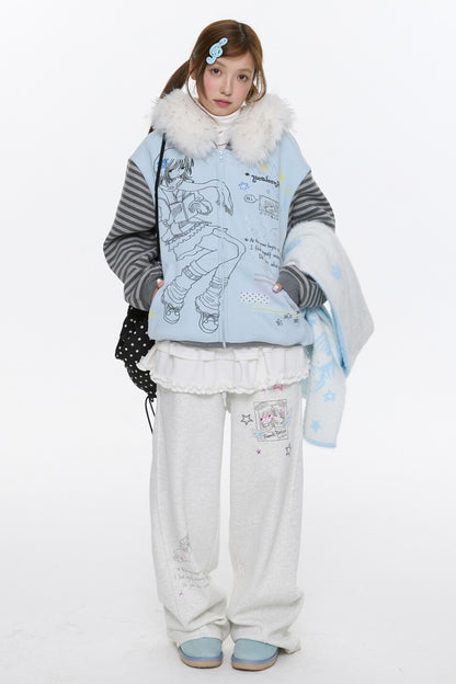 Striped Raglan Fur Collar Jacket
