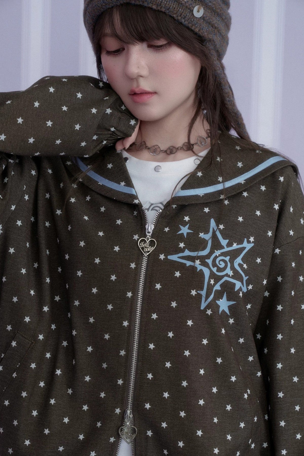 Brown Blue Swirl Star Navy Collar Jacket Set-Up