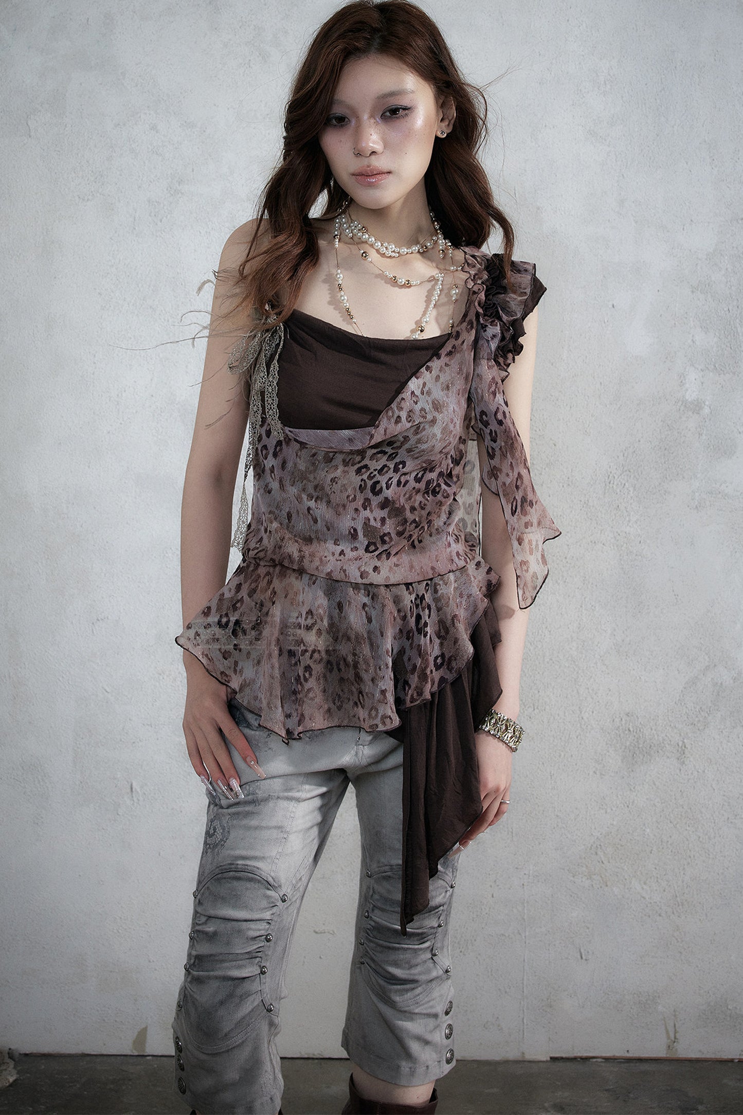 Leopard Print Layered-Look Strap Irregular Hem Dress