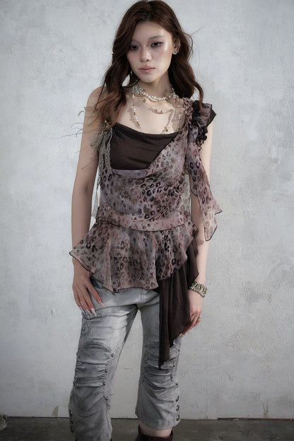 Leopard Print Layered-Look Strap Irregular Hem Dress