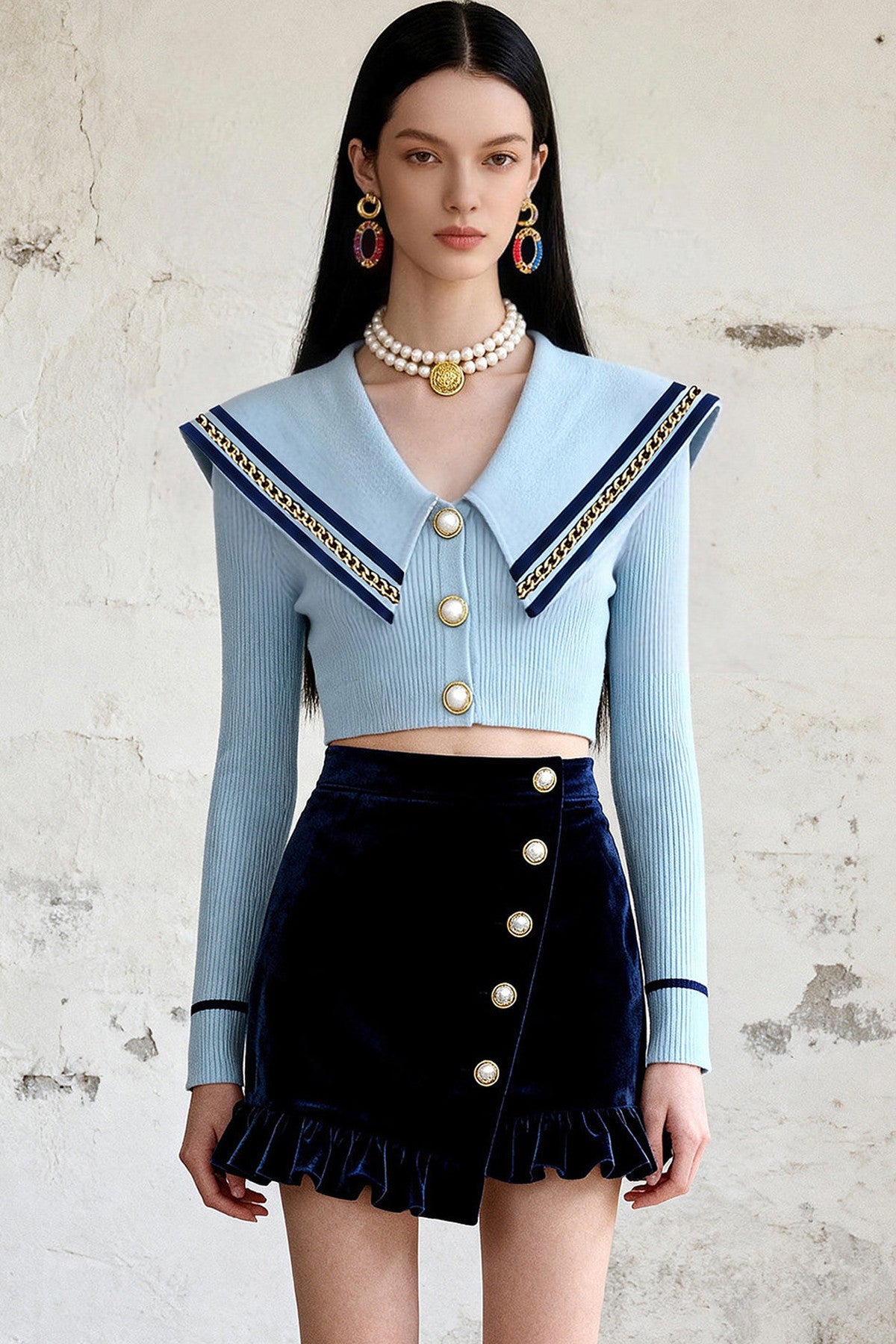 Navy Collar Gold Button Ruffle Skirt Set