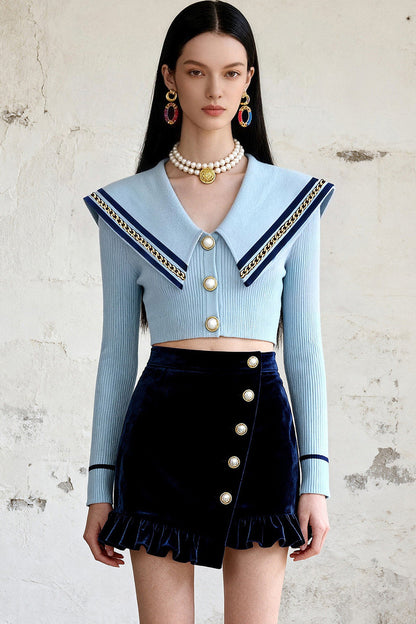 Navy Collar Gold Button Ruffle Skirt Set