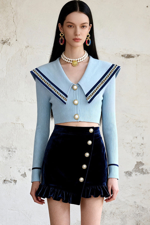Navy Collar Gold Button Ruffle Skirt Set