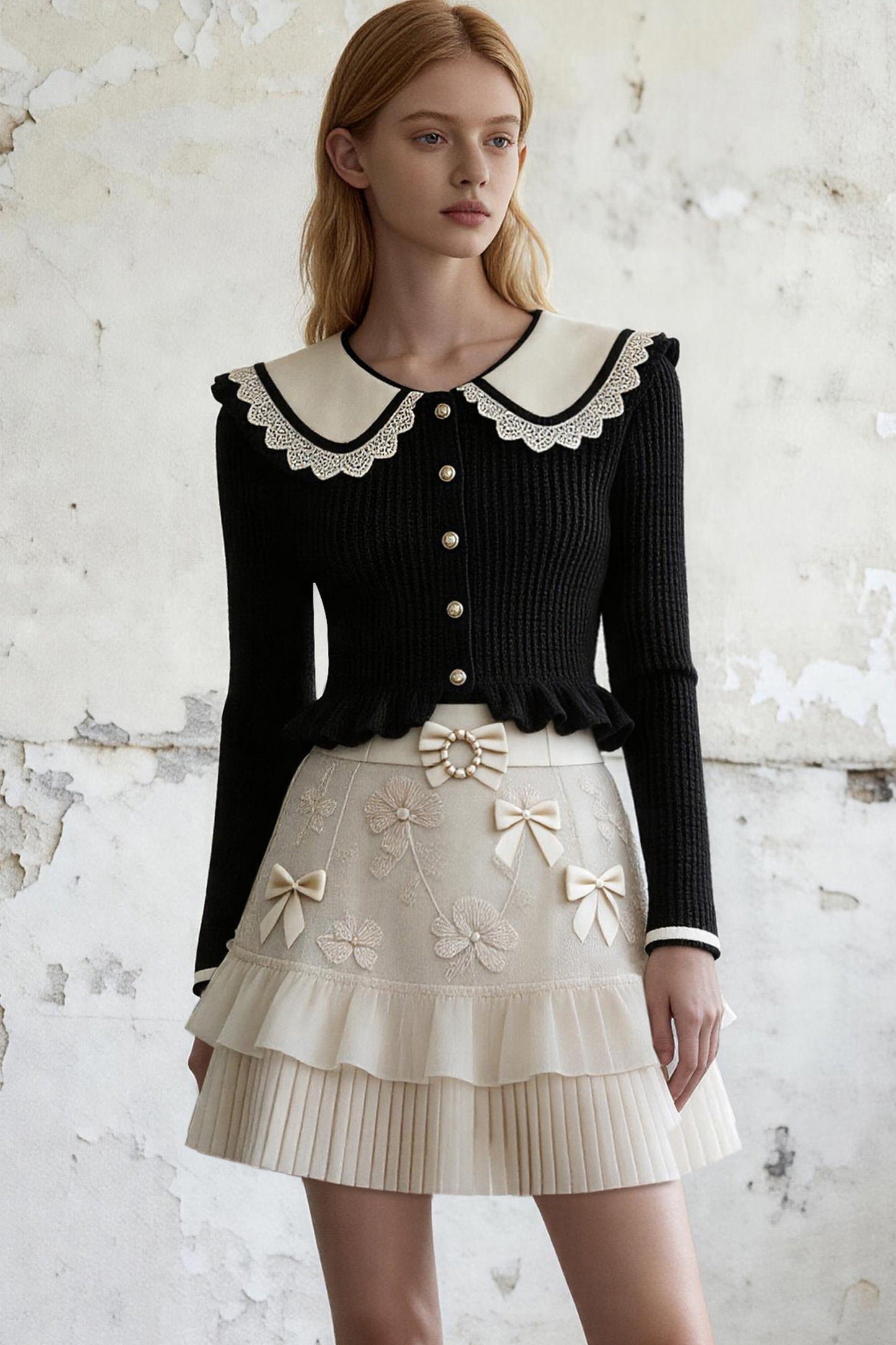 Black Knit Top and Beige A-Line Skirt Set-Up
