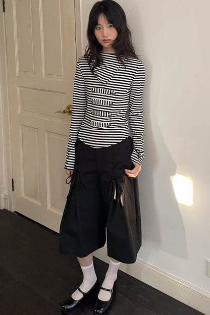 Metal Buckle Striped Knit Hood Top