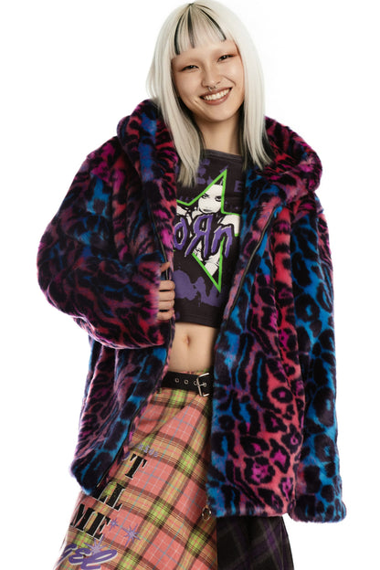 Leopard Print Fur Hooded Jacket