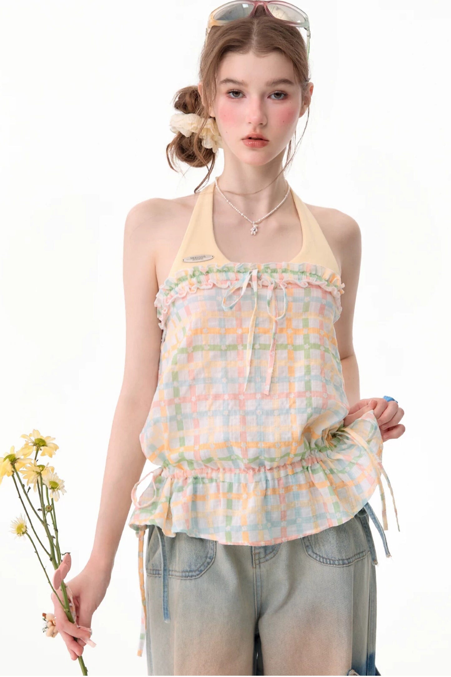 Pastellkariertes Neckholder-Oberteil mit Rüschen