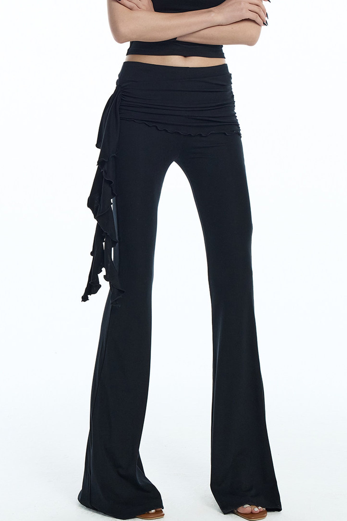 Black Knit Ruffle Tank and Flared Pants Set-Up