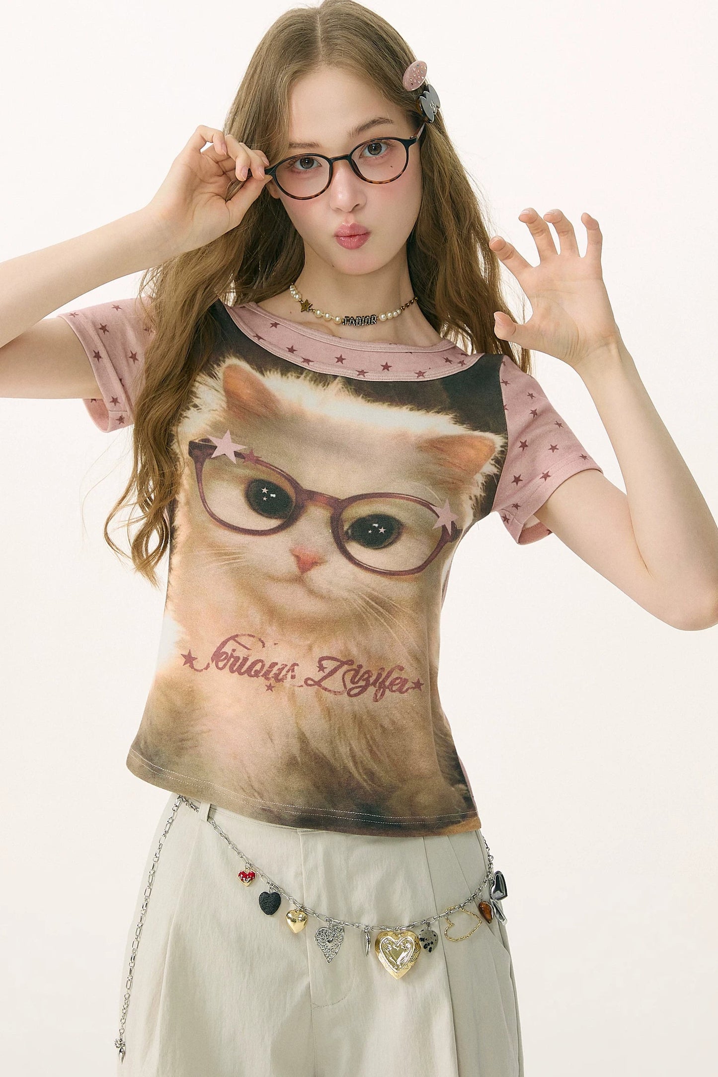 Retro Distressed Cat Print Top
