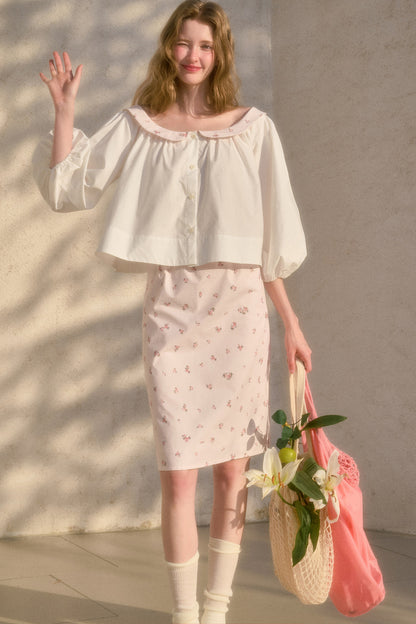 Floral Puff Sleeve Shirt and Skirt Set-Up