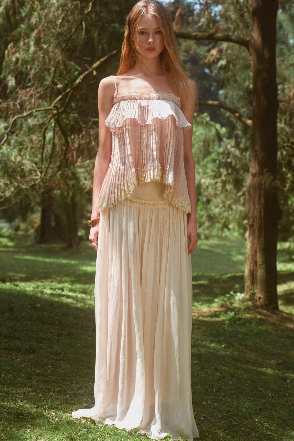 Retro Pleated Lace Pearl Skirt Set-Up