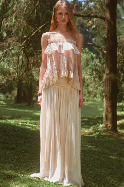 Retro Pleated Lace Pearl Skirt Set-Up