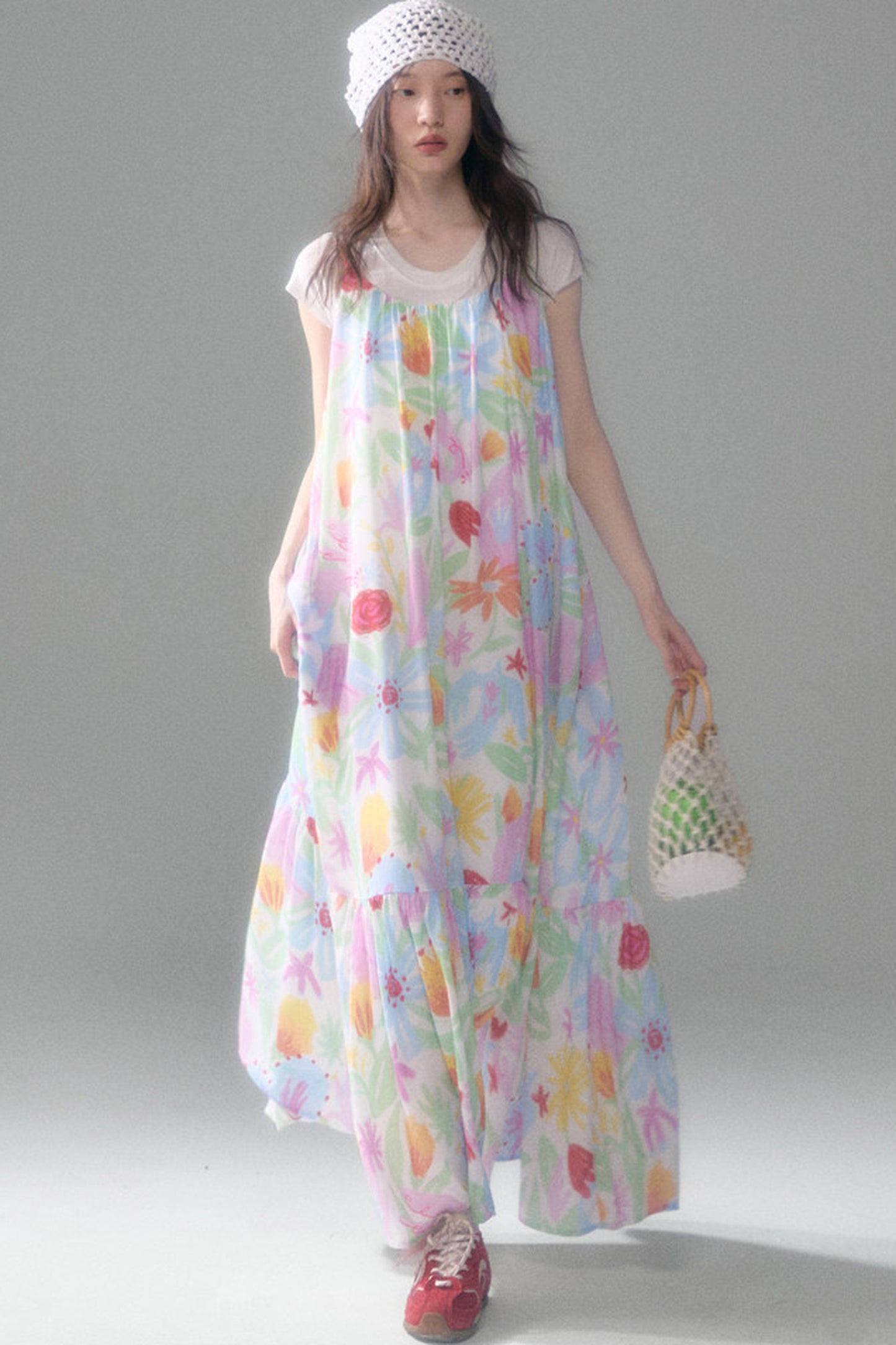 Hand-Painted Watercolor Flower Print Strap Dress