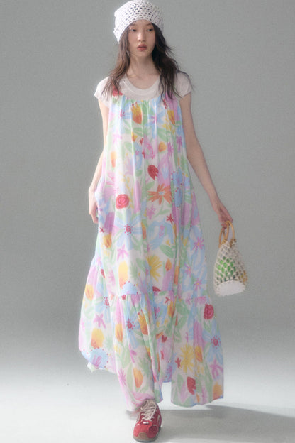 Hand-Painted Watercolor Flower Print Strap Dress