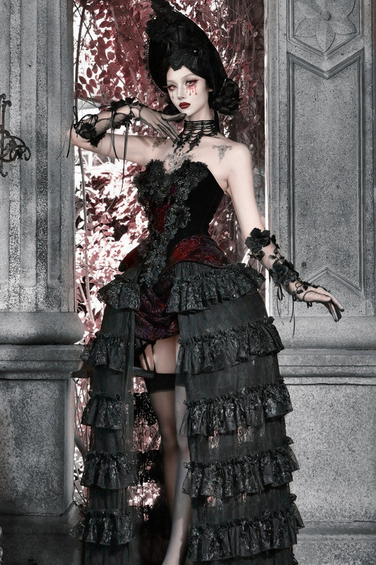 Ensemble blouse corset gothique en velours cramoisi