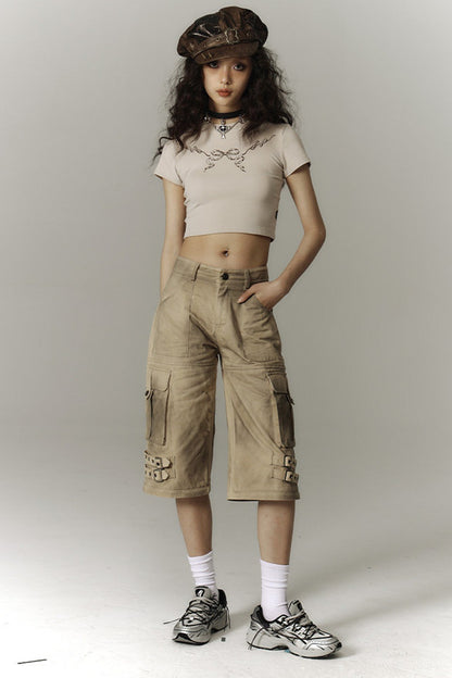 Detachable Washed Workwear Wide-Leg Pants