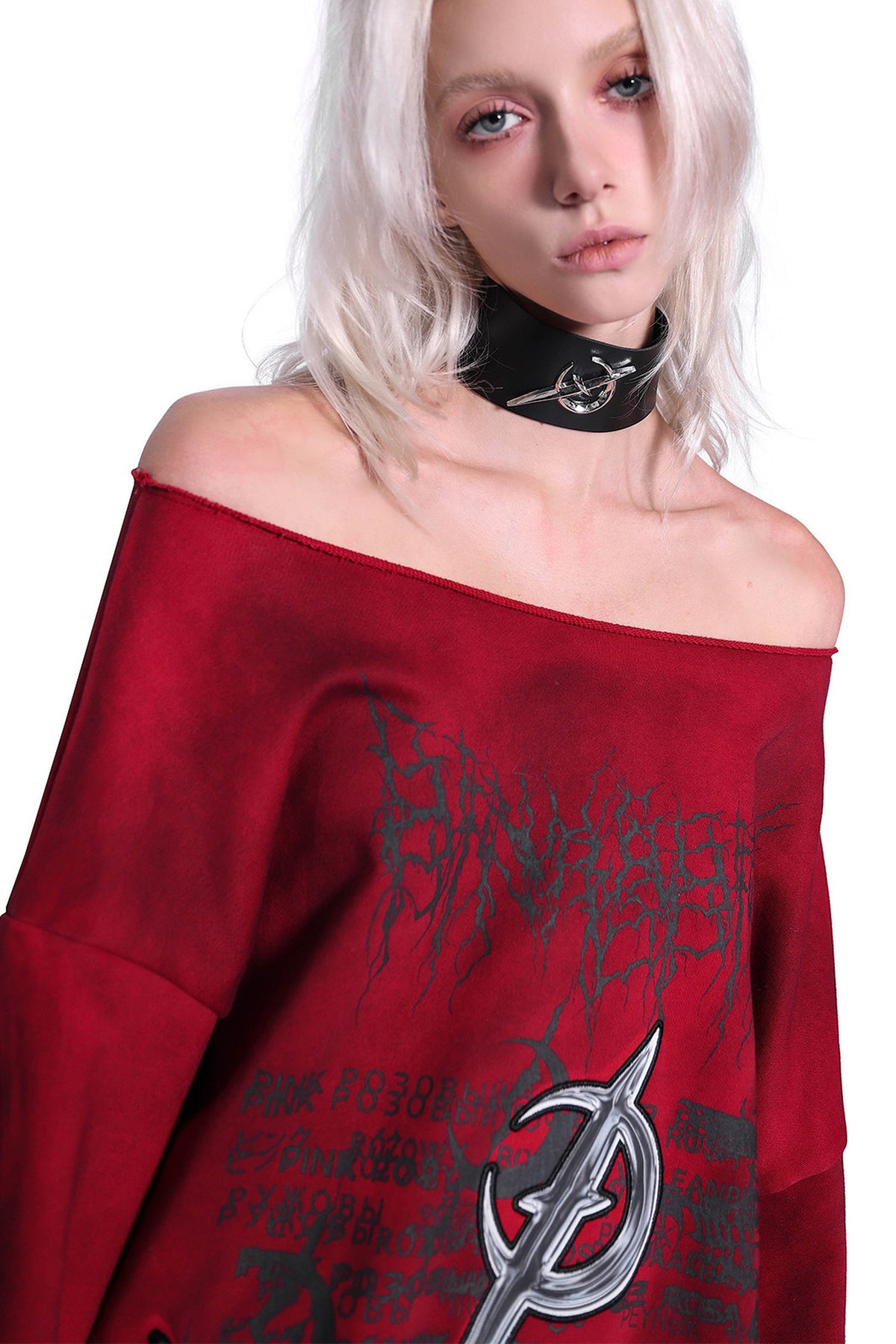 3D Embroidery Off-Shoulder Distressed Print Sweatshirt