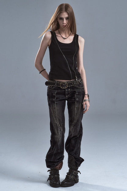 Washed Denim Flared Punk Pants