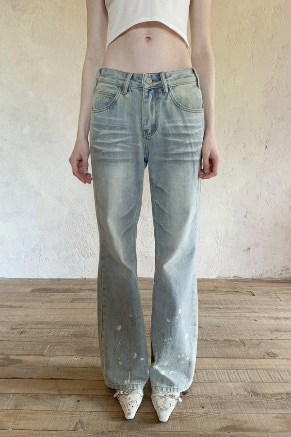 Washed Ink-Splashed Micro-Flare Jeans