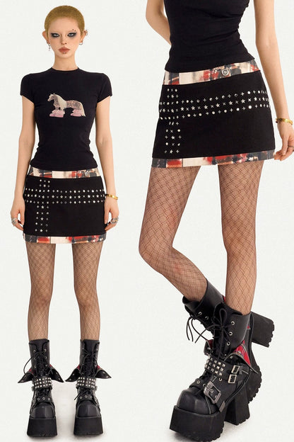 Black Patchwork Studded Bodycon Skirt