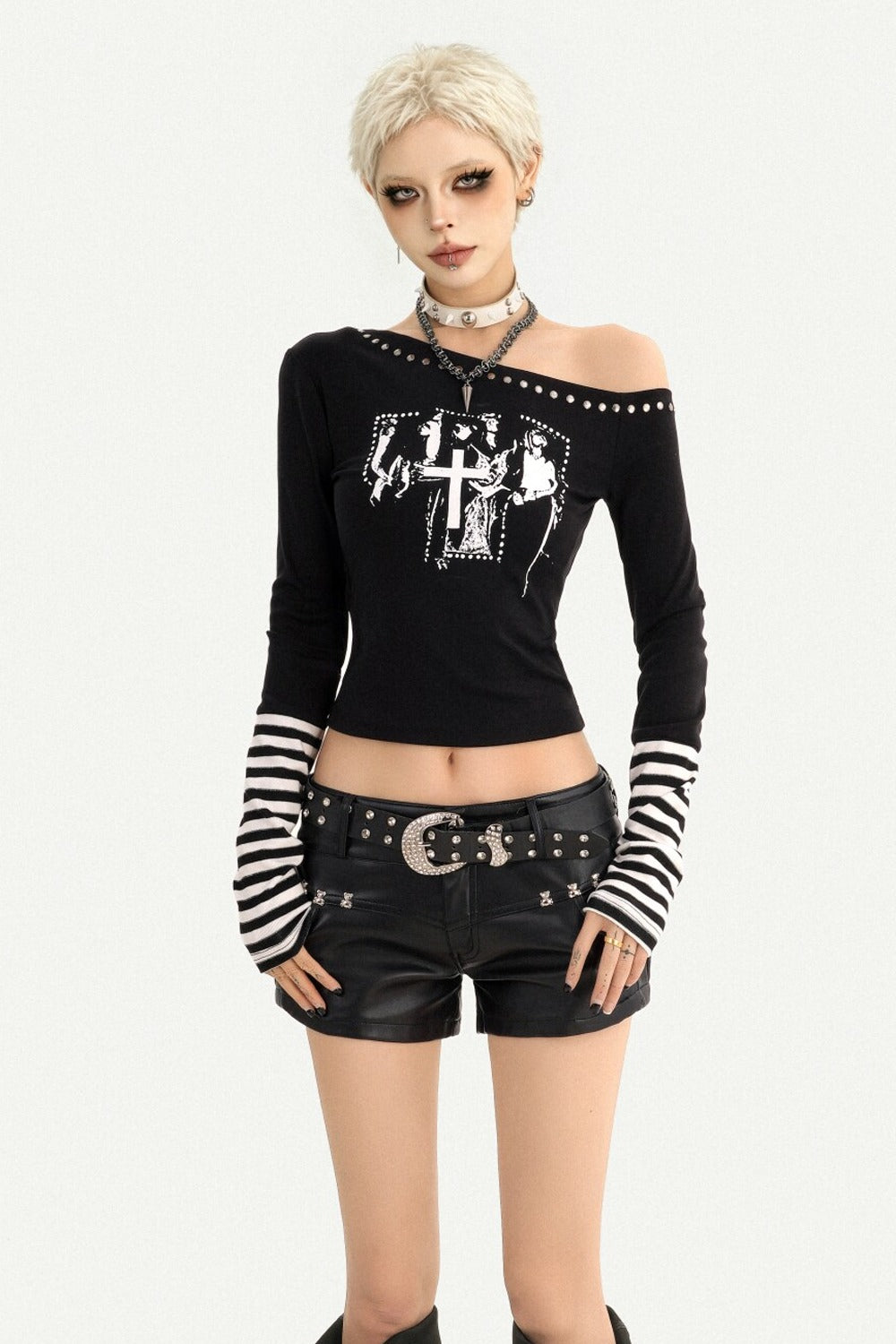 Off-Shoulder Letter Print Long Sleeve T-shirt