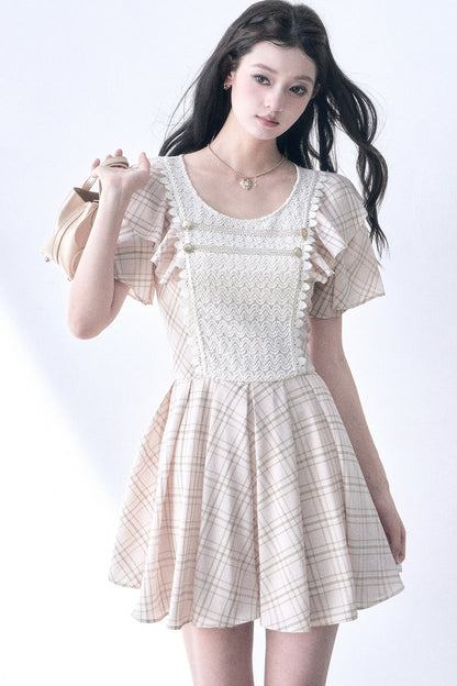 Knitted Patchwork Plaid Flutter-Sleeve Dress