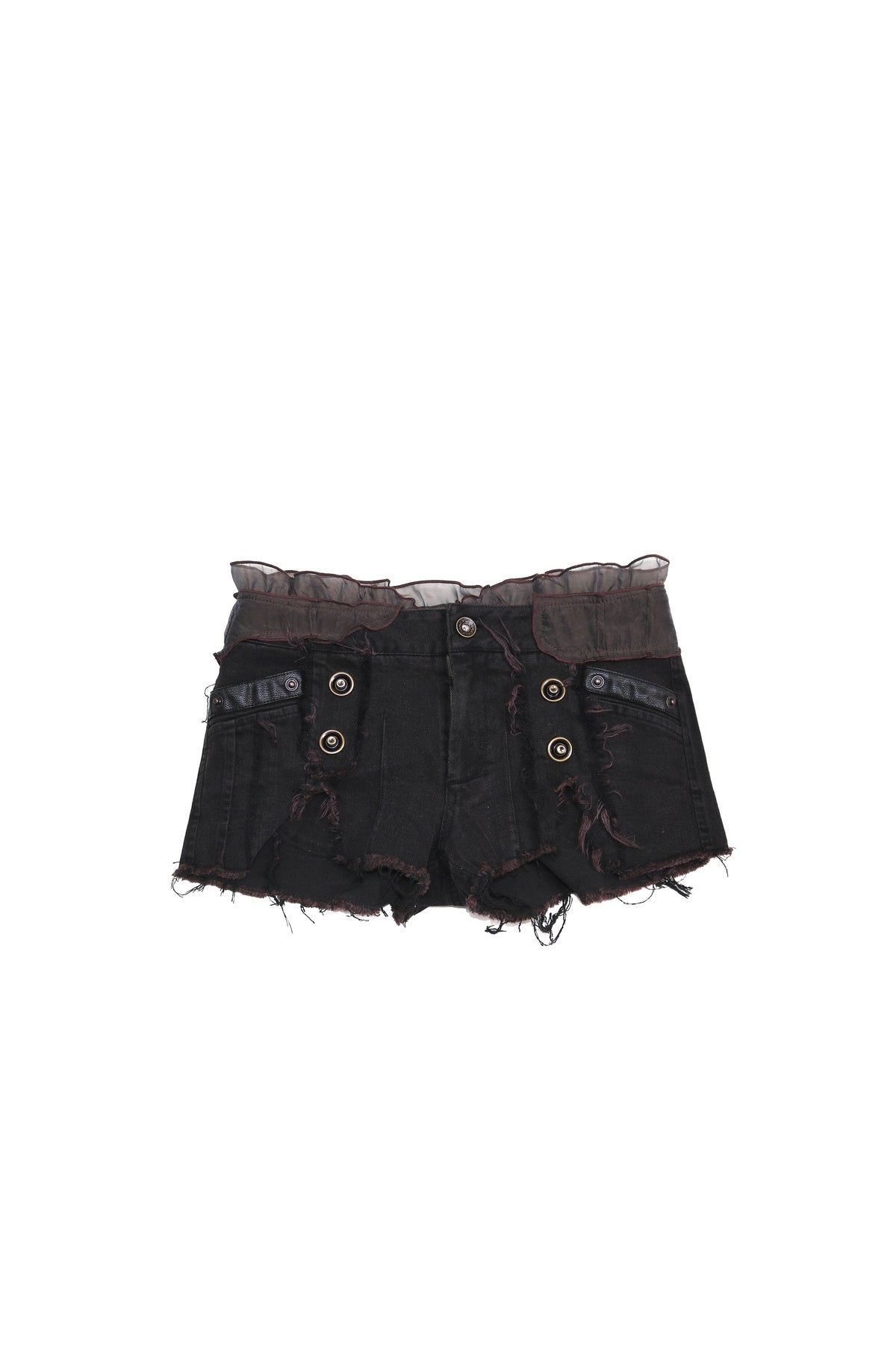 Ruffled Mesh Patchwork Frayed Denim Shorts