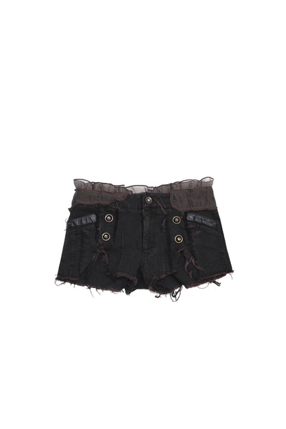 Ruffled Mesh Patchwork Frayed Denim Shorts